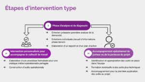 Schéma des trois étapes. Etape 1: Phase d'analyse et de diagnostic (Entretien préalable; Entretiens individuels; Elaboration d'un rapport et d'un plan d'action) - Etape 2A: Intervention personnalisée pour accompagner le collectif de travail (Elaboration d'une procédure formalisée pour une pratique métier/opérationnelle partagée; construction d'outils opérationnels) - Ou étape 2B : Accompagnement opérationnel du porteur ou de la porteuse de projet (identification et appropriation des outils en place dans l'équipe; formation éventuelle à des outils plus techniques; accompagnement pour la première application des outils au projet)